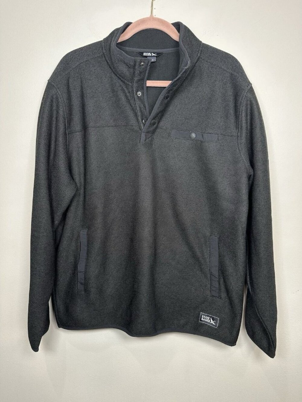 Eddie Bauer Sweater Fleece Size Large Black Pullover Snap Front Cozy Work